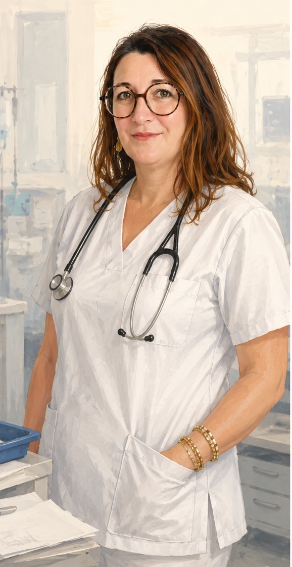 Illustration de Marie-Charlotte en tenue d'infirmière, dans un service de soins