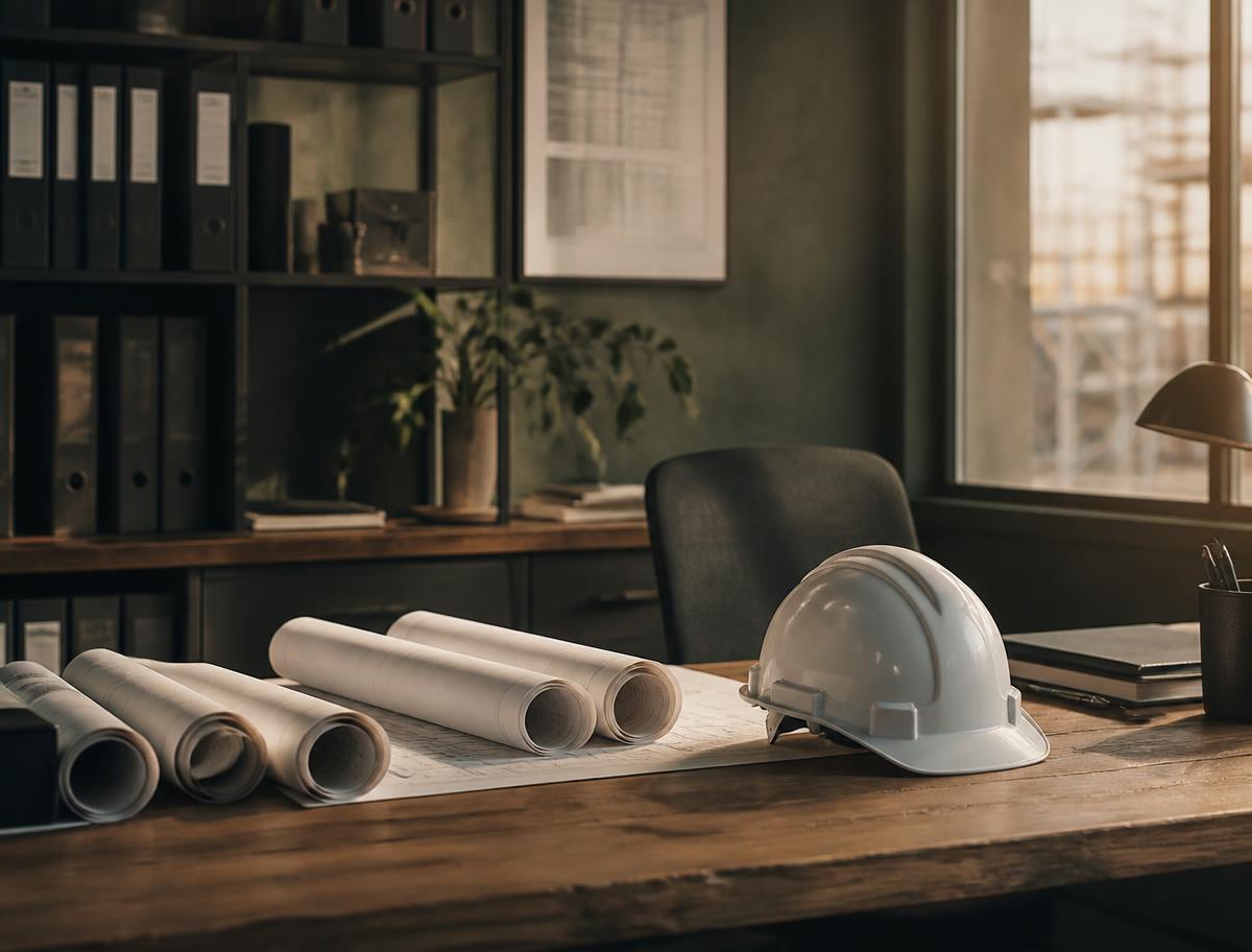 Bureau de chantier ordonné avec plans et casque de sécurité